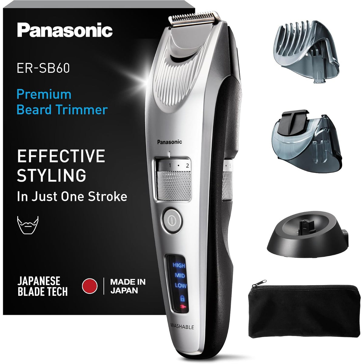 301598 - PANASONIC Prerëse flokësh ER-SB60-S803 për burra, portative, papërshkueshme nga uji, 20 cilësime gjatësie, 2 aksesorë, prerëse precize, funksionim pa tel dhe me kabllo, stacion karikimi, argjend