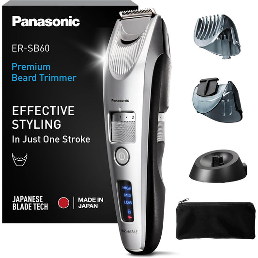 301598 - PANASONIC Prerëse flokësh ER-SB60-S803 për burra, portative, papërshkueshme nga uji, 20 cilësime gjatësie, 2 aksesorë, prerëse precize, funksionim pa tel dhe me kabllo, stacion karikimi, argjend