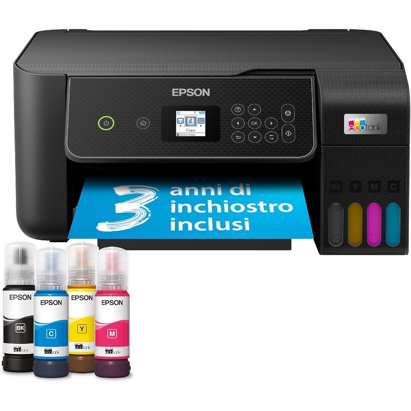 126090 - EPSON EcoTank ET-2870 - Printer Shumëfunksional A4 me Kapacitet të Lartë dhe Bojëra të Rimbushshme, Përfshirë 4 Shishe, të barabarta me 3600 faqe Bardhë e Zi dhe 6500 faqe Me Ngjyra, Ekran LCD