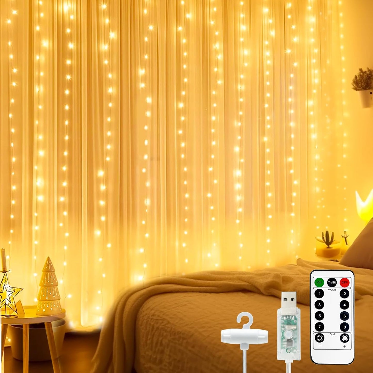 168635 - BTFARM Perde LED 2x2m me 200 Drita, Kontrolli me Telekomandë, 8 Mode, Kohëmatësi, Energji USB, Rezistent ndaj Ujit, përdorim për Dhomë Gjumi, Festë, Dekorim Krishtlindjesh; Ngjyra: E Bardhë e Ngrohtë