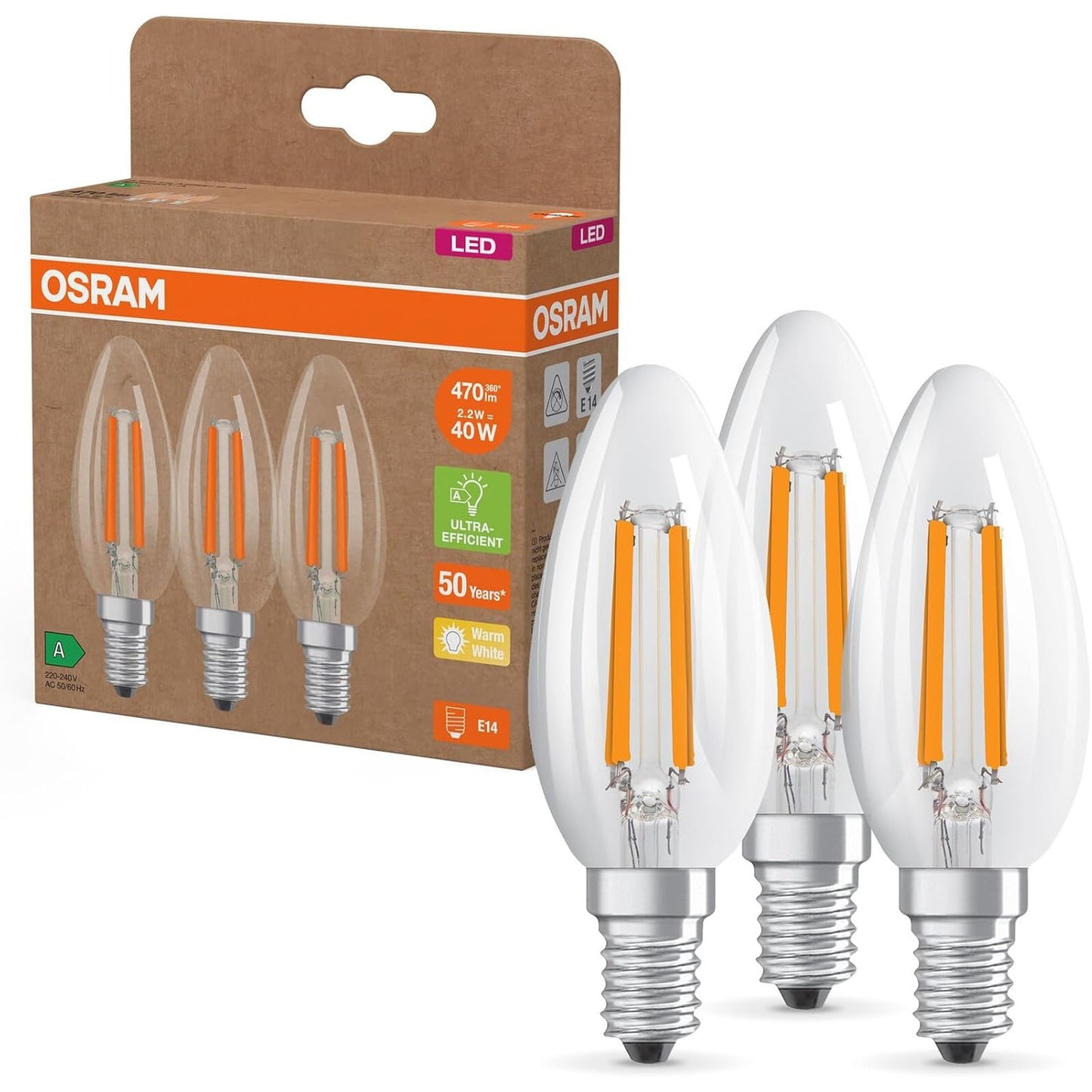 185230 - OSRAM - Llambat LED të Efikasitetit të Lartë A, Pako me 3, Zëvendësojnë Llambat 40W, Formë Qiriri, E Bardhë e Ngrohtë (2700K), E14, Xham i Filamentuar