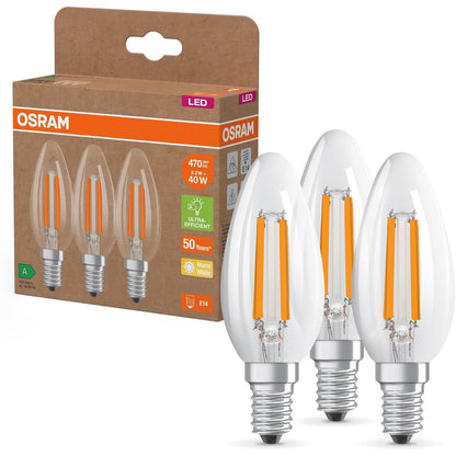 185230 - OSRAM - Llambat LED të Efikasitetit të Lartë A, Pako me 3, Zëvendësojnë Llambat 40W, Formë Qiriri, E Bardhë e Ngrohtë (2700K), E14, Xham i Filamentuar