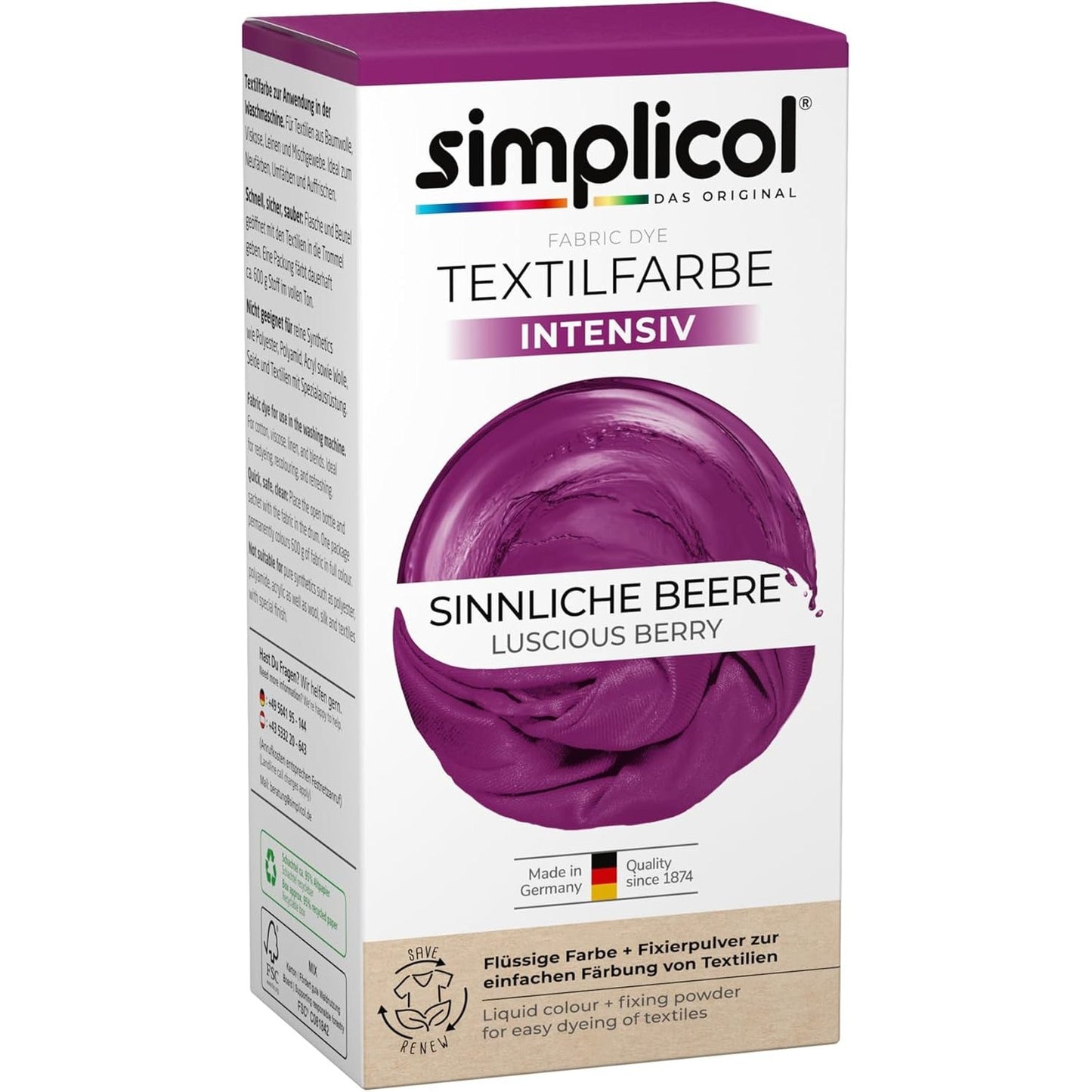186622 - SIMPLICOL Ngjyrues Intensiv Tekstili Sensual Berry, Ngjyrosje e Lehtë në Lavatriçe, Ngjyrues i Lëngshëm dhe Pluhur Fiksues, 1 Pako