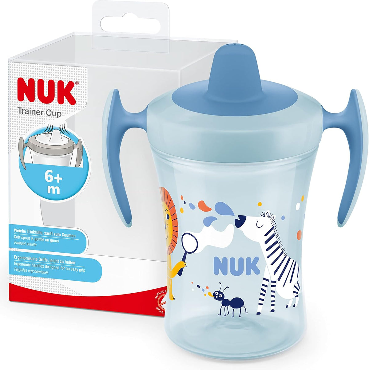 298763 - NUK - Trainer Cup - Kupë kundër rrjedhjeve me grykë të butë dhe doreza ergonomike - 6+ muaj - 230 ml - Pa BPA - Zebra blu, plastike
