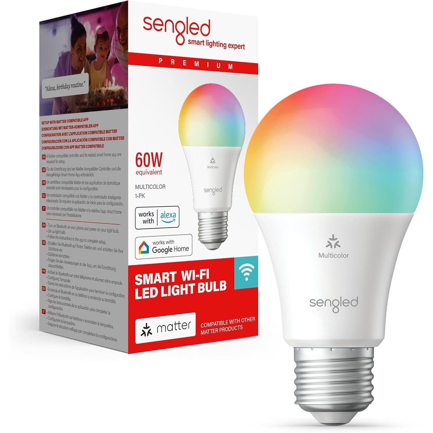 197671 - SENGLED Llambë Inteligjente LED, E27, E Pajtueshme me Matter dhe Alexa, Shumëngjyrëshe, 60W, 800 LM, Çiftëzim i Menjëhershëm, në Frekuencë 2.4GHz, Wi-Fi, Pako Prej 1
