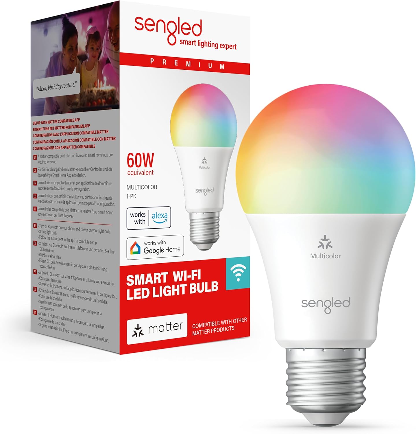 262808 - SENGLED Llambë inteligjente LED (E27), e pajtueshme me Matter dhe Alexa, shumëngjyrëshe, ekuivalente me 60W, 800 LM, 2.4GHz, Wi-Fi, pako me 1