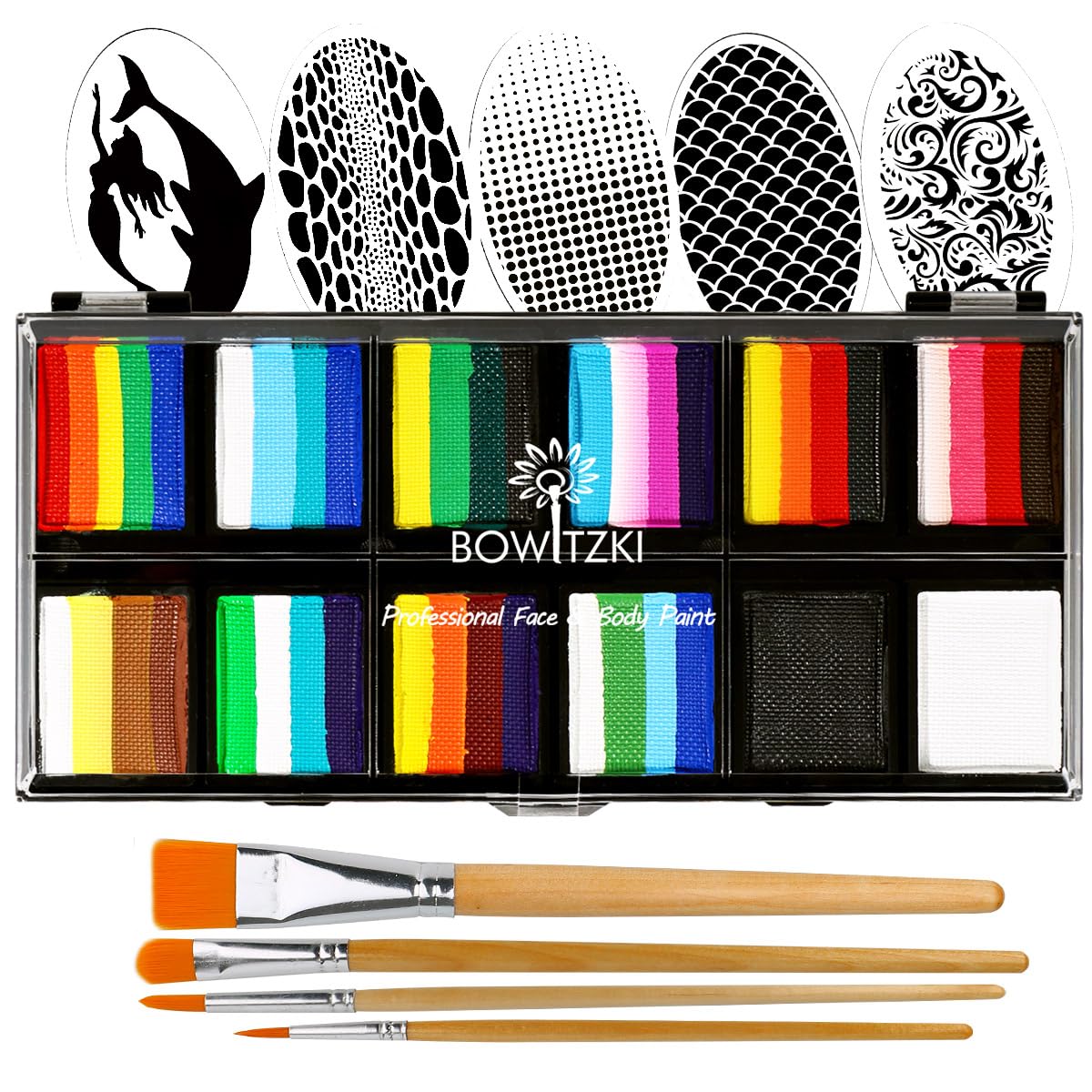 289948 - BOWITZKI Set Profesional Grimi për Fëmijë dhe të Rritur, 12 x 10 g, Set Grimi me Shabllon, Tortë me Një Goditje, Jo-toksike, Ylber, Florë, Delfin, Njëbrirësh, Flaka, Pikturë Trupi, Grim