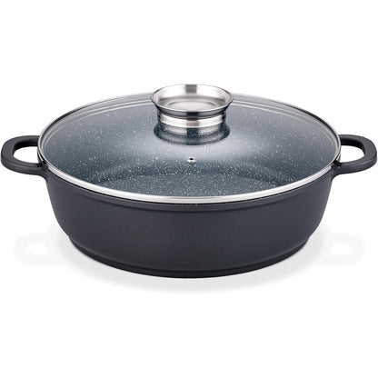 221864 - GSW GOURMET Tigan servirjeje prej graniti me kapak qelqi, 32 cm, induksion, jo-ngjitëse, e zezë