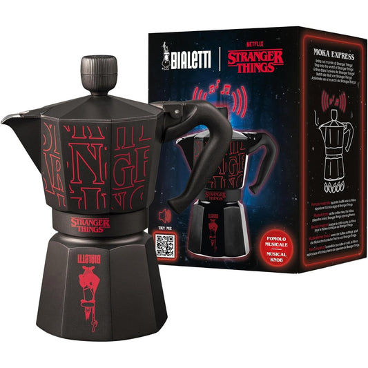 153248 - BIALETTI Moka Express Stranger Things, Dorezë Muzikore me Karikim USB C, Jo i Përshtatshëm për Induksion, Kapacitet 6 Filxhanë (270ml), E Zezë