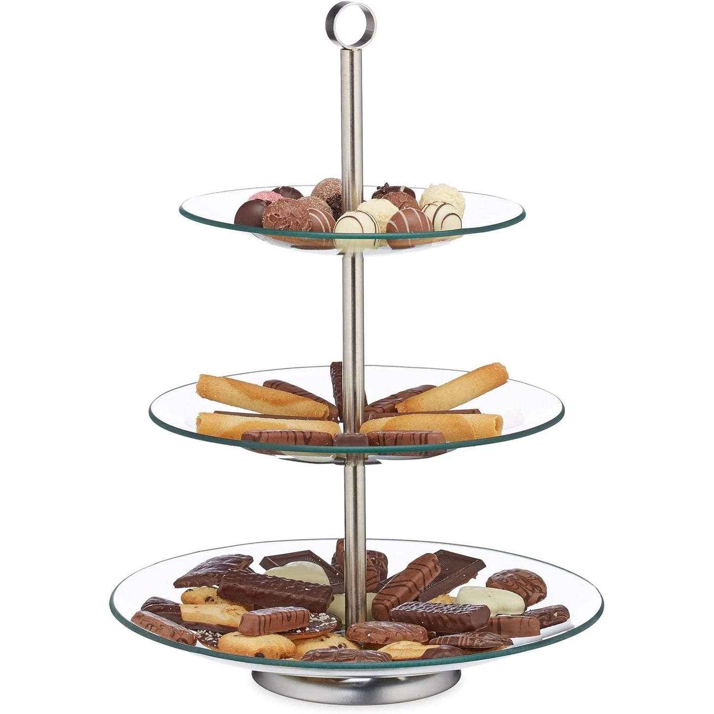 223478 - RELAXDAYS Stand Servirjeje me 3 nivele - E rrumbullakët, çelik inox, argjend/transparent, 1 copë