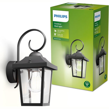 222669 - PHILIPS Llambë Muri Buzzard, 60 W, Prizë E27, rezistent ndaj spërkatjeve, llambë e jashtme, llambë muri e zezë