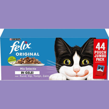205203 - FELIX Mix Selection, Ushqim Pelte për Mace me Mish Viçi, Pulë, Salmon dhe Ton, 44 x 85g (44 Qese Vakti; 3.7kg)