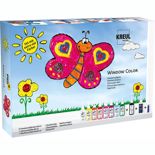 293109 - KREUL 42752 Set bojërash për dritare, 10 ngjyra x 80 ml, përfshin bojë të zezë me kontur dhe bojë që shkëlqen në errësirë, për fëmijë, fletë metalike, rruaza qelqi