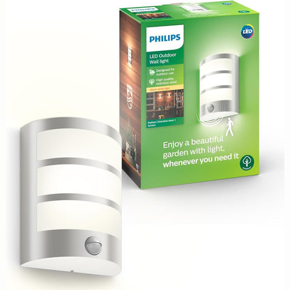 217334 - PHILIPS Dritë muri LED myGarden Python, sensor lëvizjeje, 6 W, çelik inox, argjend