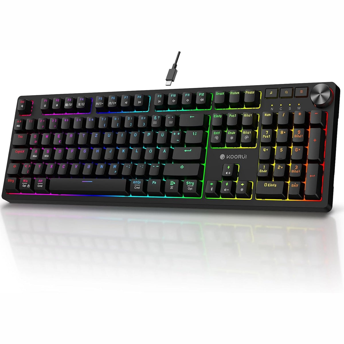 319702 - KOORUI Tastiera për Lojëra Mekanike QWERTZ, 104 Taste, 26 Taste RGB me Ndriçim nga Prapa, për Windows, MacOS, Linux - Blue Switch