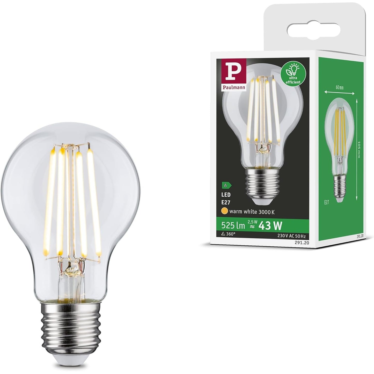 186712 - PAULMANN Llampa LED 29120 Eco-Line Filament, 230V E27, Pako me 1 Llampë, 525lm, 2.5W, 3000K, Transparente