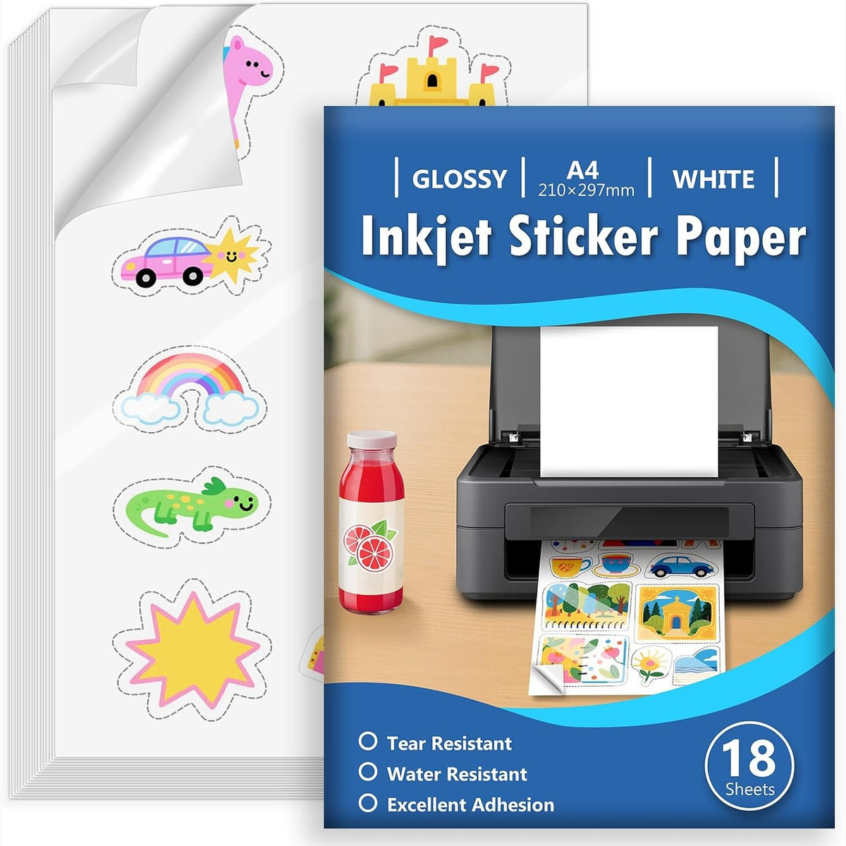 296328 - Euqvunn 16 fletë letre ngjitëse A4 për printim, 210x297 mm, letër ngjitëse vinili e bardhë me shkëlqim, e papërshkueshme nga uji