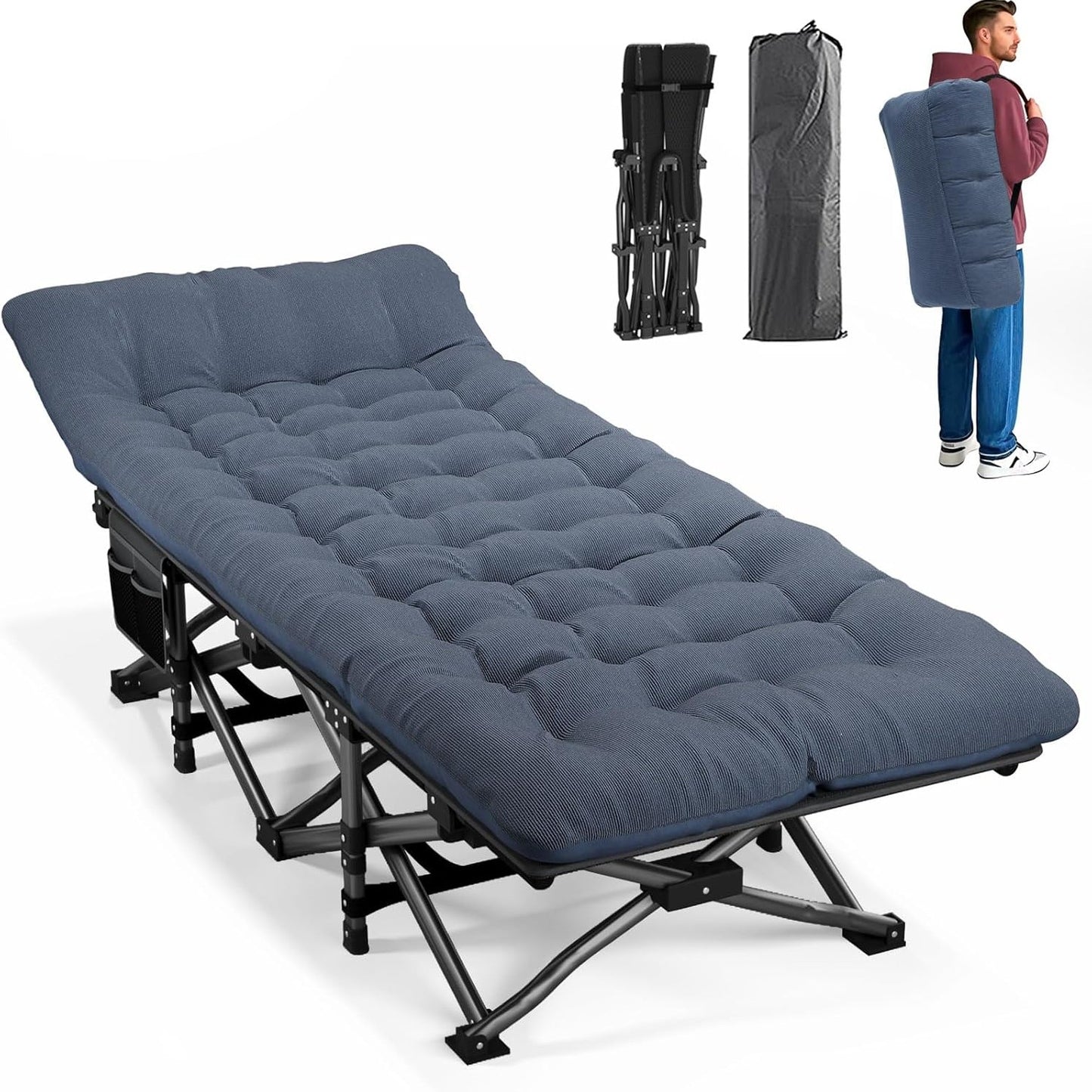 208205 - ATORPOK SHOP Krevat Kampingu për të Rritur me Jastëk dhe Çantë Mbajtëse, Kapacitet 204kg, Portativ, Material Poliester, Ngjyrë Blu