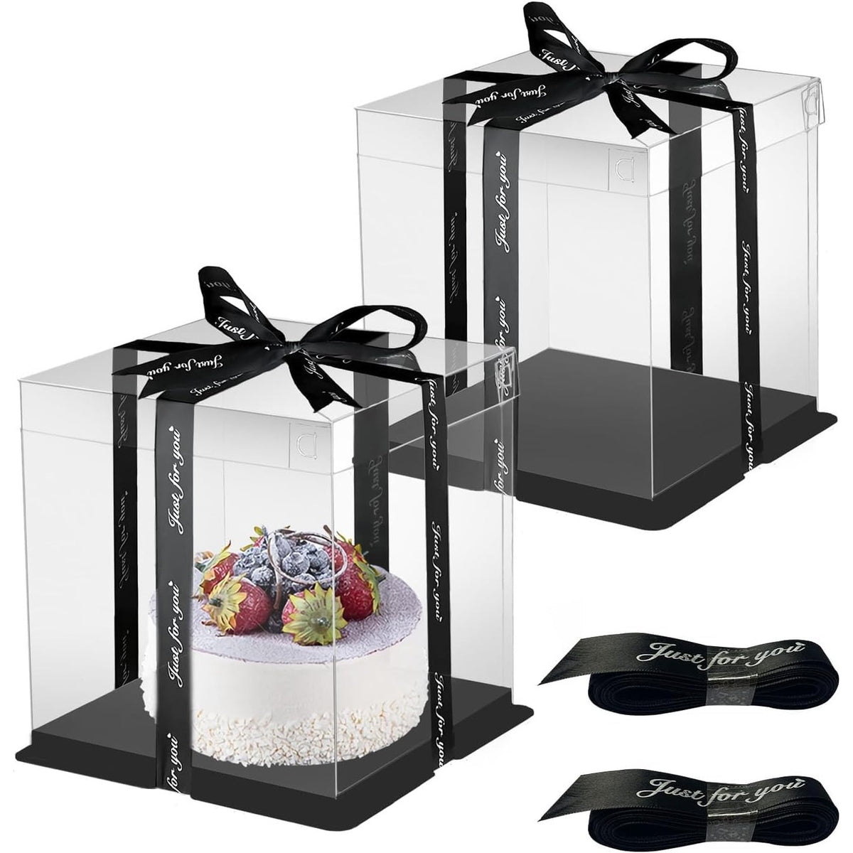 298470 - Kuti Torte - Kuti Dhurate Transparente, 26 x 26 x 25 cm, Kuti Transporti Torte e Ripërdorshme, Kuti Dhurate Torte me Shirit për Embëlsira Ditëlindjeje, 2 copë (E Zezë 8 inç)