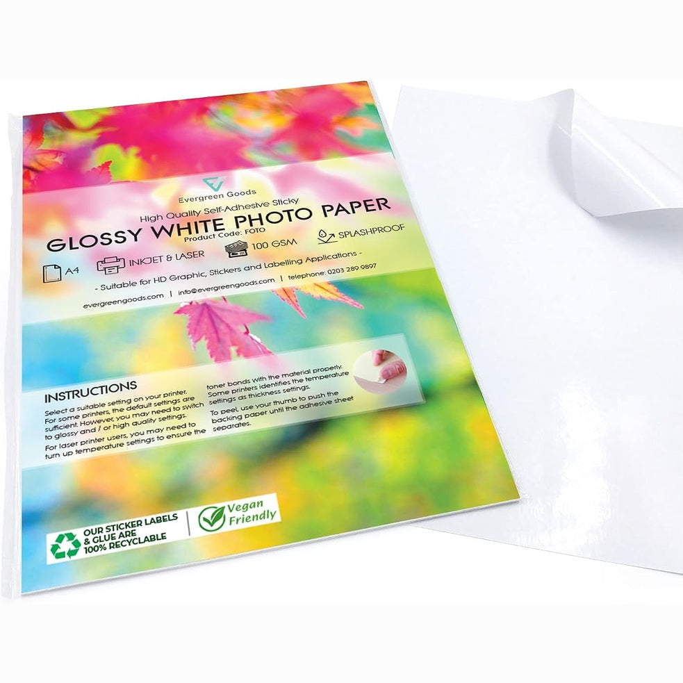 274659 - Evergreen Goods Pako me 100 fletë letër të printuar vetëngjitëse A4 - 200gsm, Ngjitëse rezistente ndaj spërkatjeve