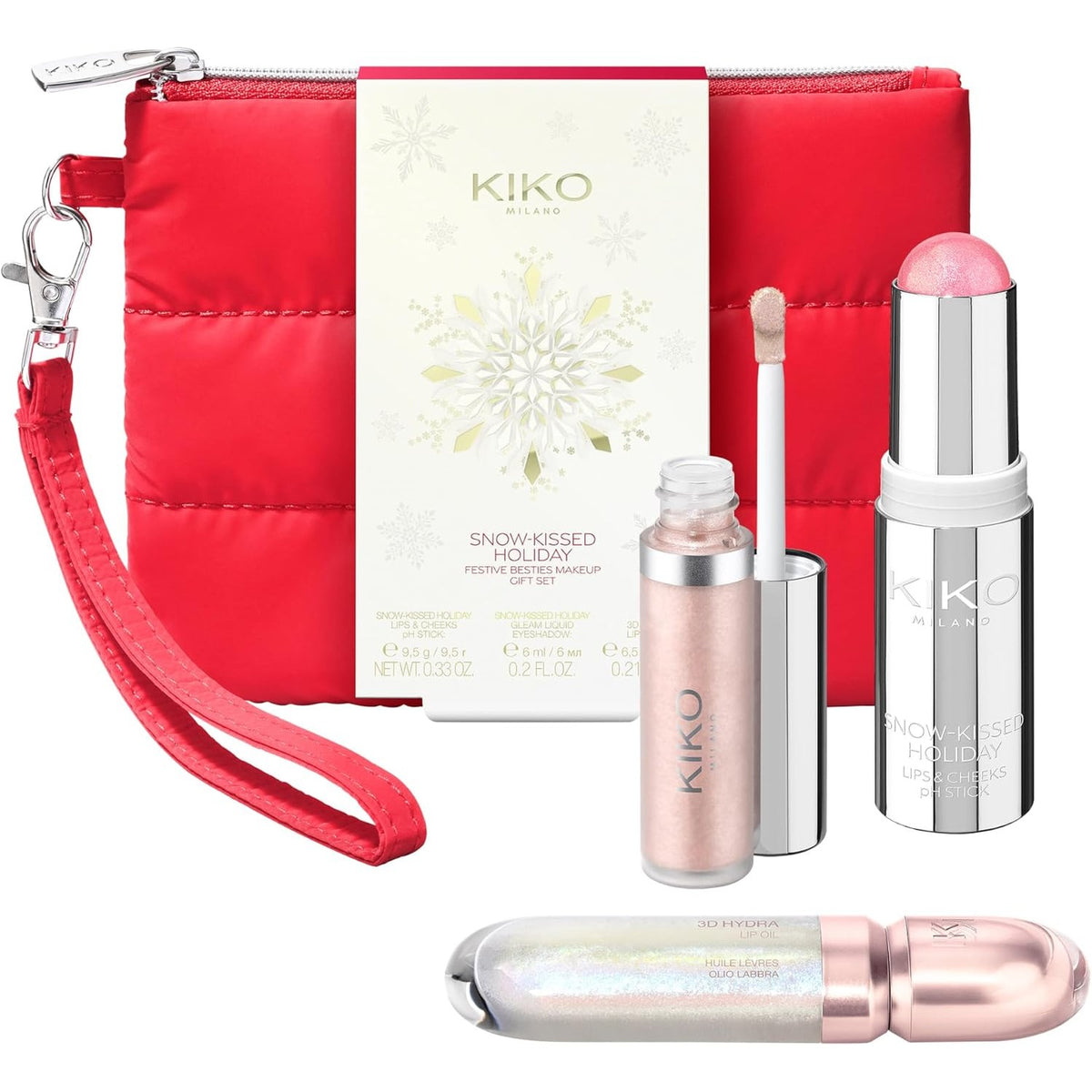 298180 - KIKO MILANO Set Dhurate Grimi Milano Snow-Kissed Holiday Festive Besties, përfshin Shkop për Buzët dhe Faqet, Hije Syri e Lëngshme dhe Vaj Buzësh