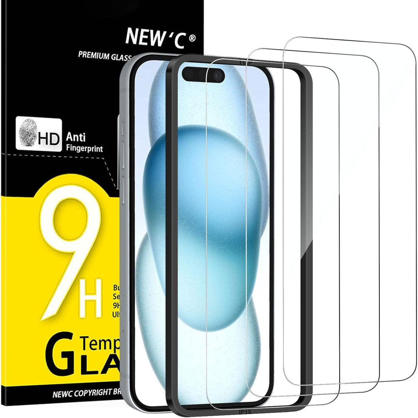 269244 - NEW'C Mbrojtës Ekrani prej Xhami të Temperuar me 3 copë për iPhone 16, iPhone 15 (6.1 inç), Mbrojtje Efektive nga Gërvishtjet, Ultra Rezistente, HD e Qartë, Mjet i Instalimit të Lehtë i Përfshirë