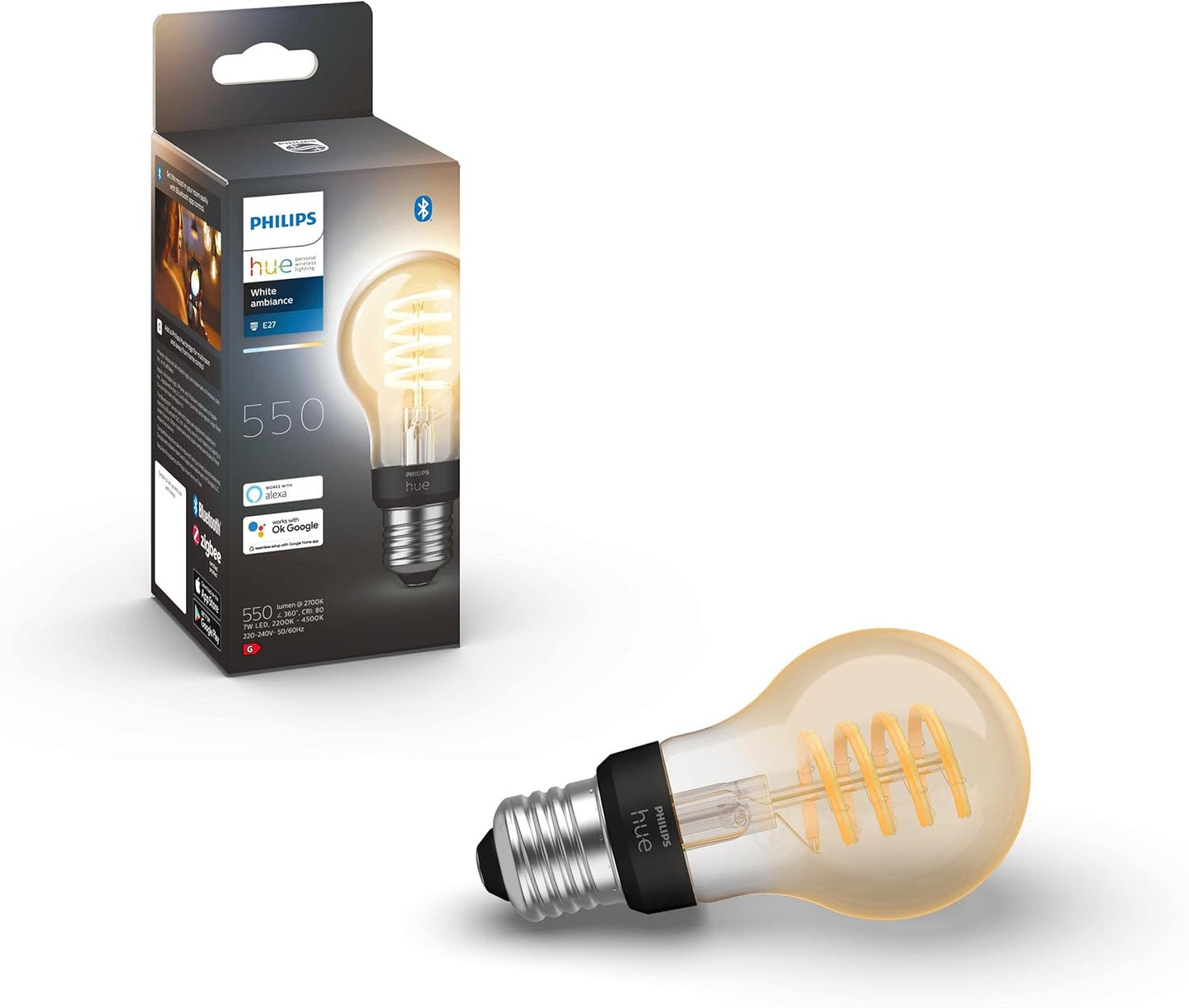 217567 - PHILIPS HUE Llambë Standarde Filament A60 me 1 Pako - E27 - Ndriçim LED i Qëndrueshëm - Dritë e Bardhë nga e Ngrohta në të Ftohtë - Mund të Errësohet - Lidhet nëpërmjet Bluetooth ose Hue Bridge - Funksionon me Alexa dhe Google Home