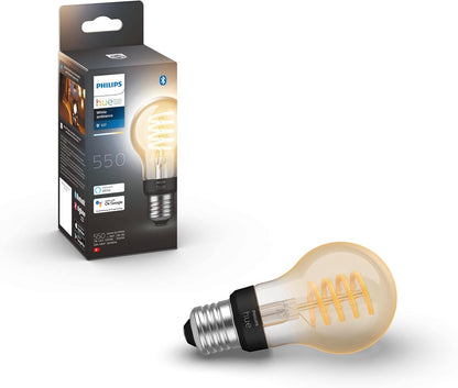 217567 - PHILIPS HUE Llambë Standarde Filament A60 me 1 Pako - E27 - Ndriçim LED i Qëndrueshëm - Dritë e Bardhë nga e Ngrohta në të Ftohtë - Mund të Errësohet - Lidhet nëpërmjet Bluetooth ose Hue Bridge - Funksionon me Alexa dhe Google Home