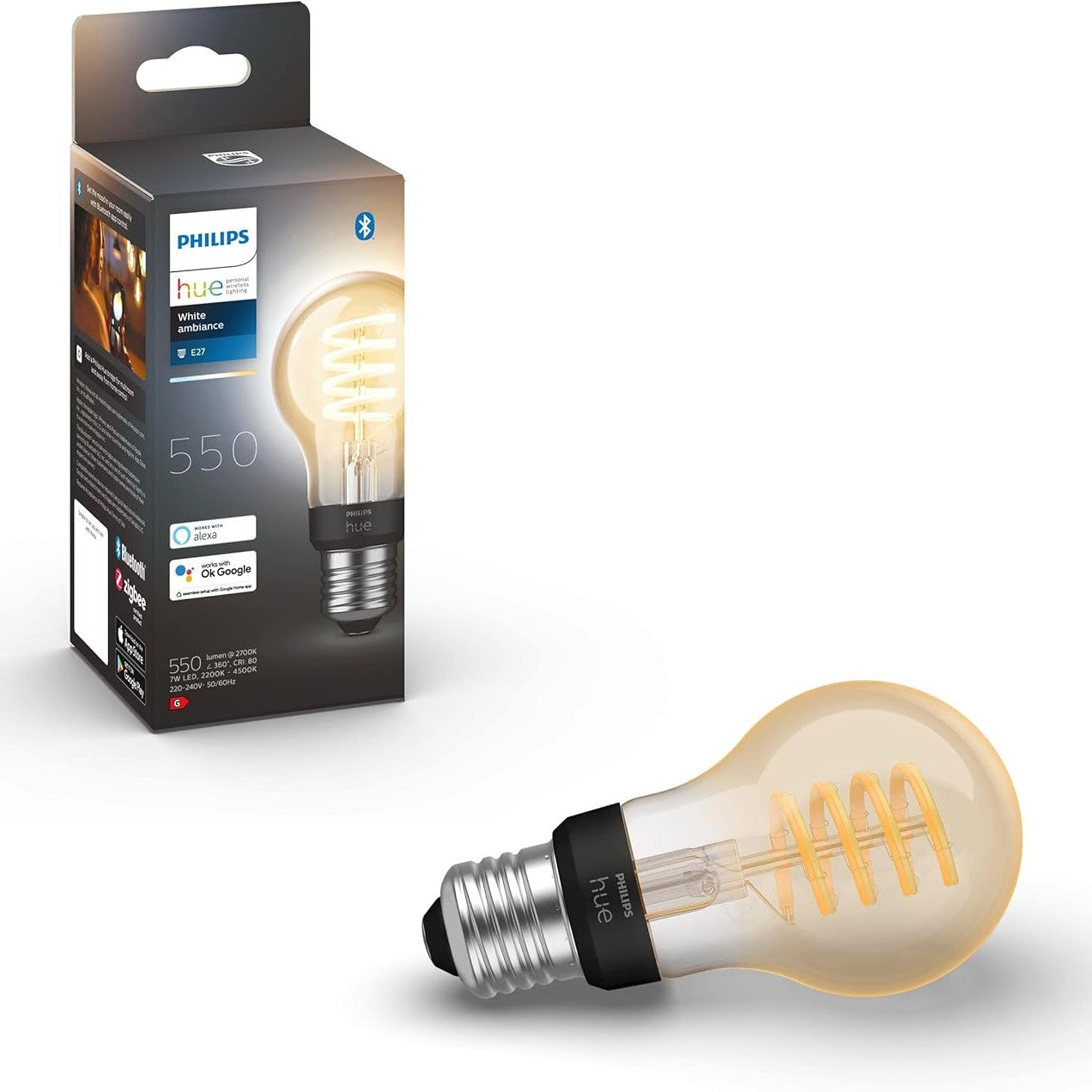 261170 - PHILIPS LLAMBË FILAMENTI E27 (550 lm), LLAMBË LED STANDARD E ERRËSUESHME, KONTROLL INTELIGJENT ME ZË DHE APLIKACION, 1 PAKO