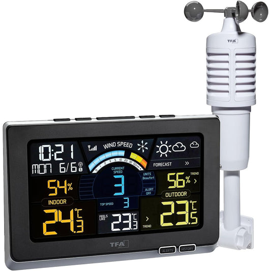 163324 - TFA DOSTMANN Stacion Meteorologjik Pa Tel Spring Breeze 35.1140.01 me Anemometer, Ekran Ngjyrash, Parashikim Moti, Sinjal Alarmi, Orë Radio, Historik, Shpejtësi Ere, Pikë Vesë, në Ngjyrë të Zezë
