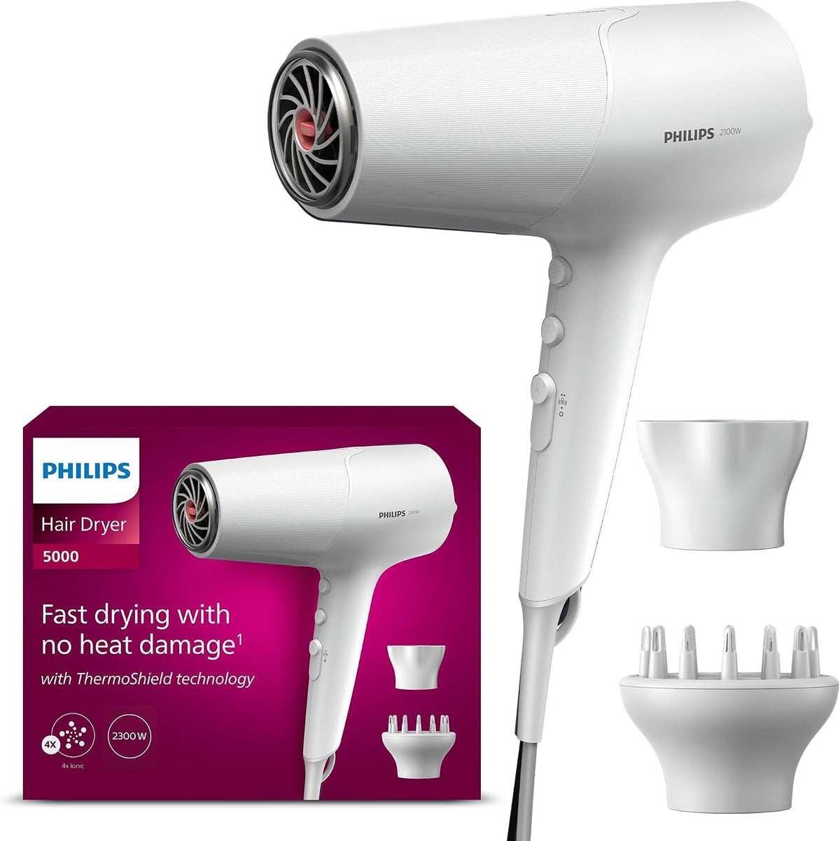 300462 - PHILIPS Tharëse flokësh Seria 5000, 2100 W, E bardhë, Teknologji ThermoShield, Funksion Jonizimi, me Grykë Stilimi dhe Difuzues Vëllimi, Modeli BHD500/20