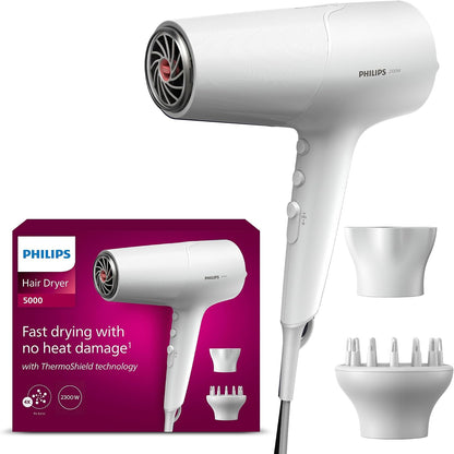 300462 - PHILIPS Tharëse flokësh Seria 5000, 2100 W, E bardhë, Teknologji ThermoShield, Funksion Jonizimi, me Grykë Stilimi dhe Difuzues Vëllimi, Modeli BHD500/20