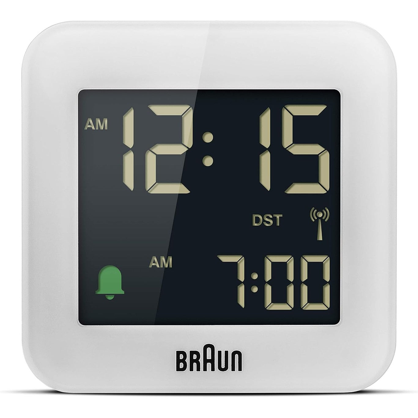 255700 - BRAUN - Orë dixhitale me alarm udhëtimi, Ora e Evropës Qendrore (CET), funksion shtyrjeje, madhësi kompakte, ekran LCD negativ, alarm Crescendo në të bardhë, modeli BC08W-DCF