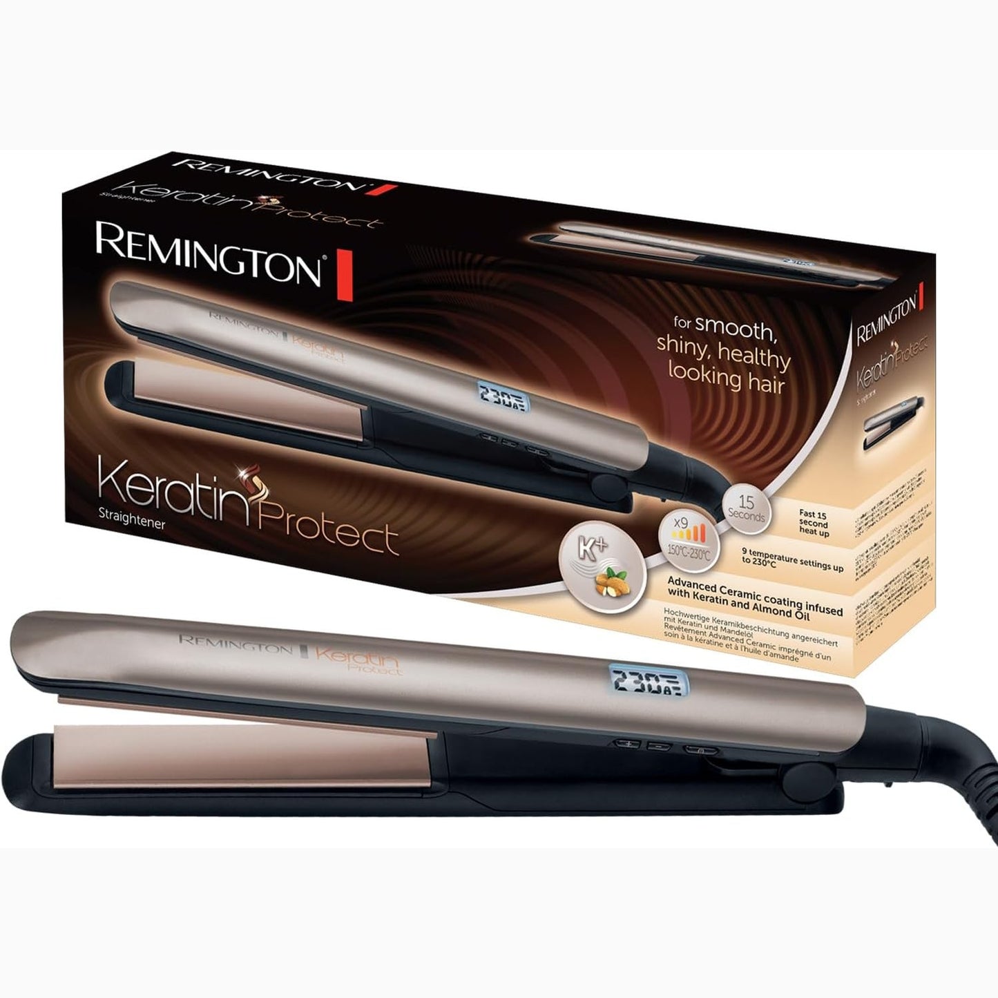 275398 - REMINGTON Keratin Protect Pjastër flokësh, pllaka lundruese ekstra të gjata, 9 cilësime temperature deri në 230°C, S8540