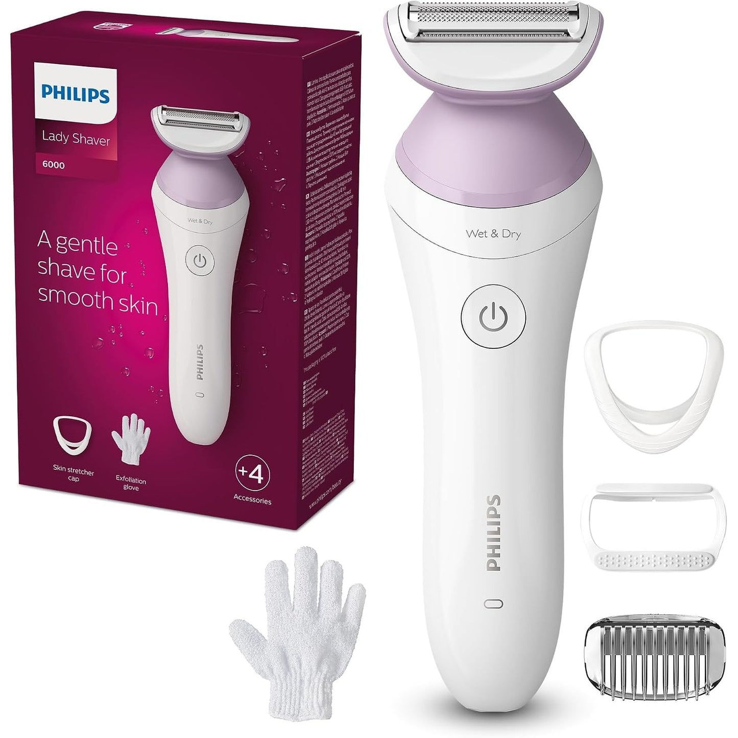 292971 - Philips Lady Shaver Series 6000 - rroje pa kabllo për përdorim të thatë dhe të lagësht, me 4 aksesorë, dorezë për pastrimin e lëkurës (skrab) dhe krehër shtesë (modeli BRL136/00)