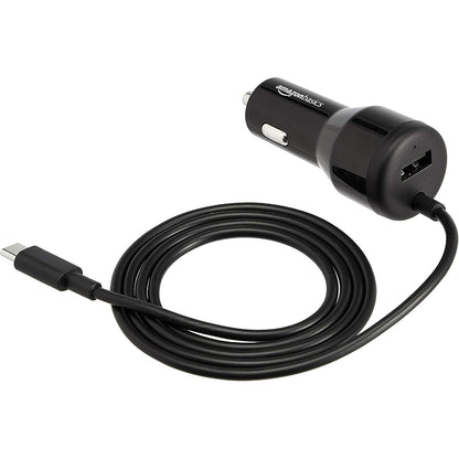 295379 - AMAZON BASICS - Karikues për makinë USB-C (18W) me furnizim me energji dhe USB-A (12W), me kabllo, i zi