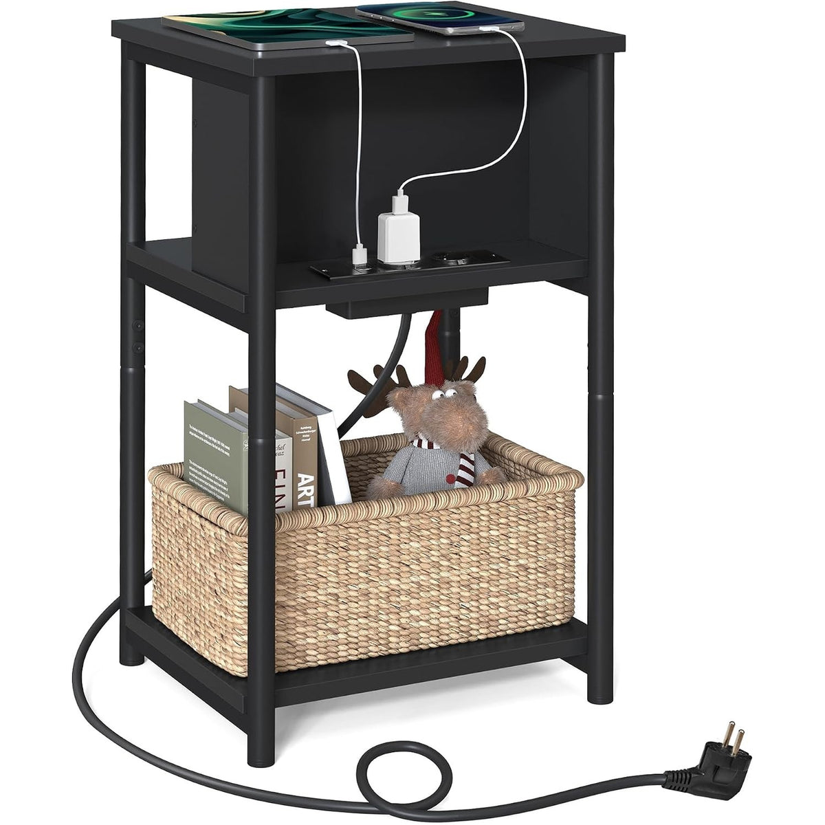 312976 - VASAGLE Tavolinë anësore, Komodinë e vogël me shirit rryme, 2 priza AC, 2 porta USB, 30 x 34 x 58 cm, e zezë LET375B02