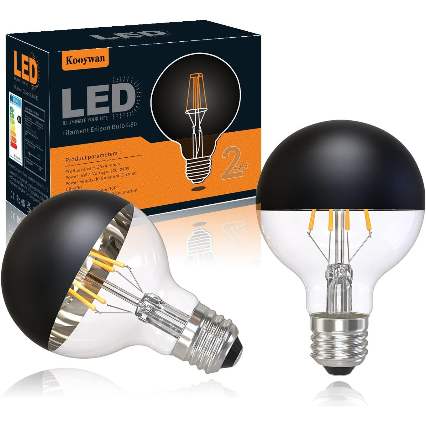 262216 - KOOYWAN LED G80 E27 Llambë Filament 6W, e Zezë me Pasqyrë 2700K, e Bardhë e Ngrohtë, 2 copë
