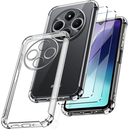 300201 - NEW&TECK Mbështjellëse për Xiaomi Redmi 15C + 2 mbrojtëse ekrani prej qelqi të temperuar, mbulesë transparente prej silikoni TPU, parakolp me cepa të përforcuar (transparente)