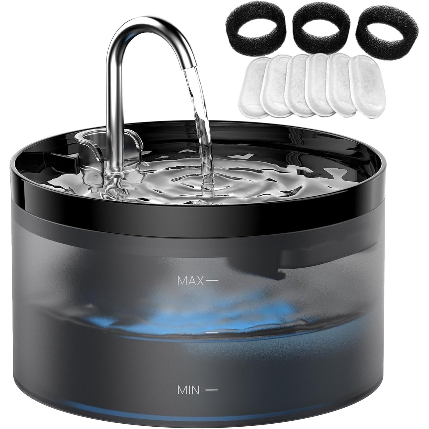 223529 - GIOTOHUN Shatërvan Uji për Mace, 2L, Dizajn Rubineti, Përfshin 6 Filtra + 3 Sfungjerë, I Zi
