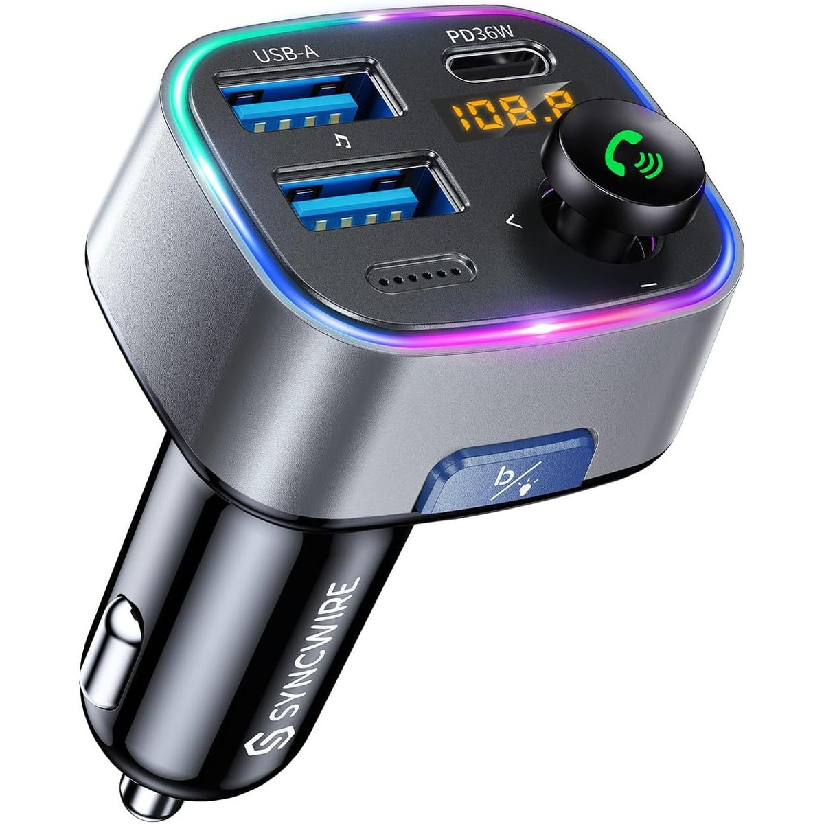 295267 - SYNCWIRE Transmetues FM për Makinë Bluetooth 5.4, 48W (PD 36W & 12W), Adaptor Bluetooth me Çelës Drite, Zë HiFi Bass, Karikim i Shpejtë