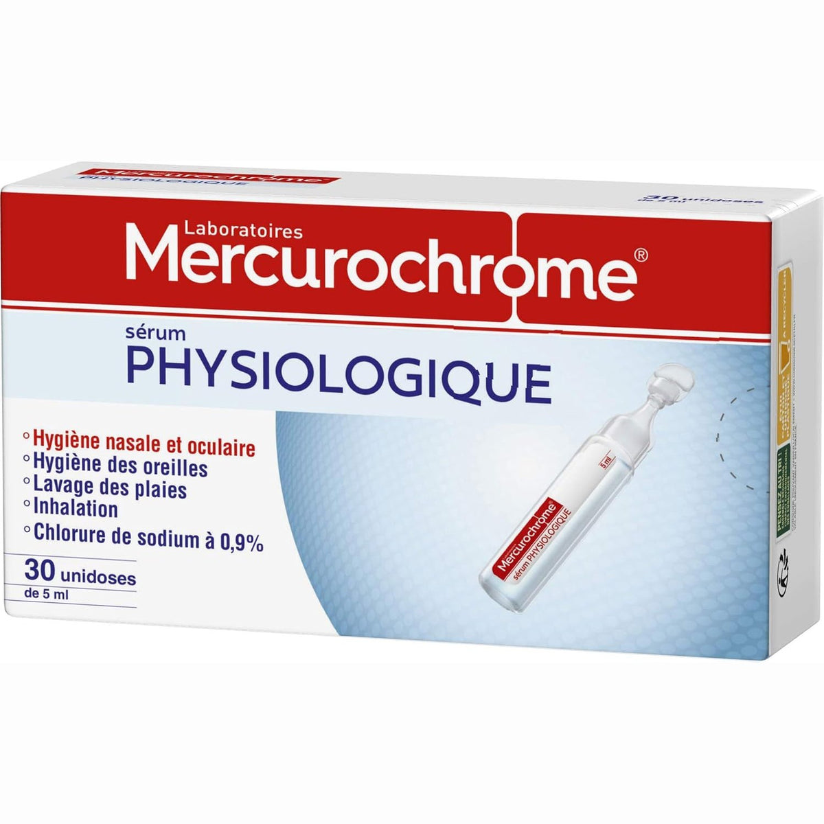 319110 - MERCUROCHROME Serum Fiziologjik - 30 shishe me dozë të vetme prej 5 mL - Klorur natriumi 0.98% - Higjiena e hundës dhe syve - Për të gjithë familjen - Prodhuar në Francë