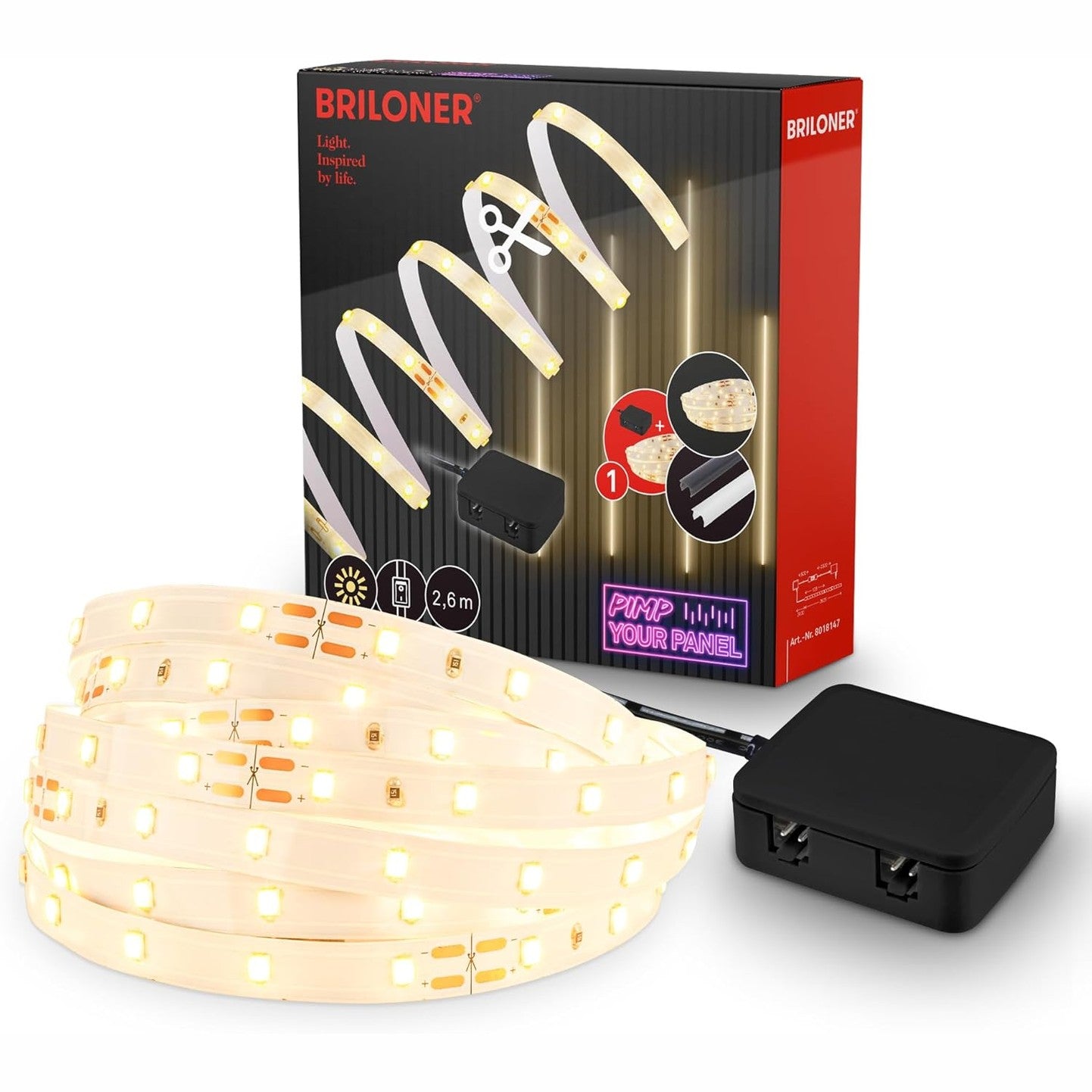 235456 - BRILONER Set Fillestar për Shirit LED Pimp your Panel, E Bardhë e Ngrohtë, Ndërprerës Kabllosh, Shirit, Bar, Dekor Dhome, Shirit, Aksesorë për Panele Akustike, Shirit Drite, 2.6 m, E Bardhë