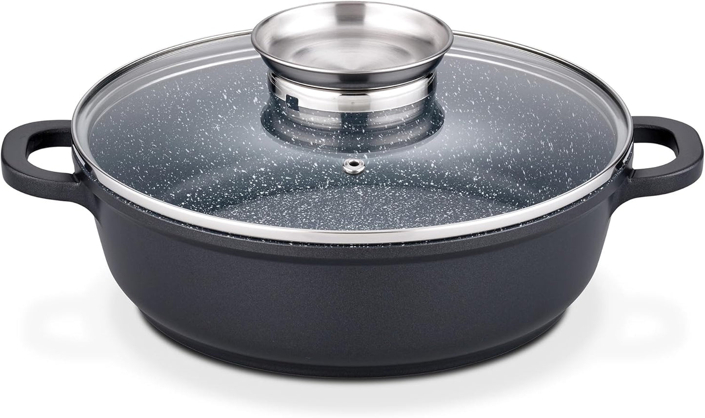 256444 - TIGAN SERVIRJE PREJ GRANITI GSW GOURMET: Tigan 24 cm me kapak qelqi aromatik, i pajtueshëm me induksion, shtresë jo ngjitëse rezistente ndaj gërvishtjeve, ngjyra e zezë