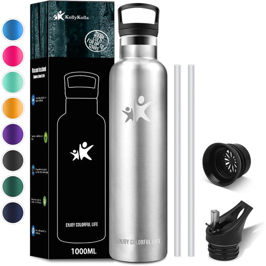 137133 - KOLLYKOLLA Shishe Termike prej Çeliku Inox 1 Litër me Kashtë dhe Filtër, pa BPA, Ripërdorshme, për të Rritur, Sport, Zyrë, Palestër, Çiklizëm, Udhëtim