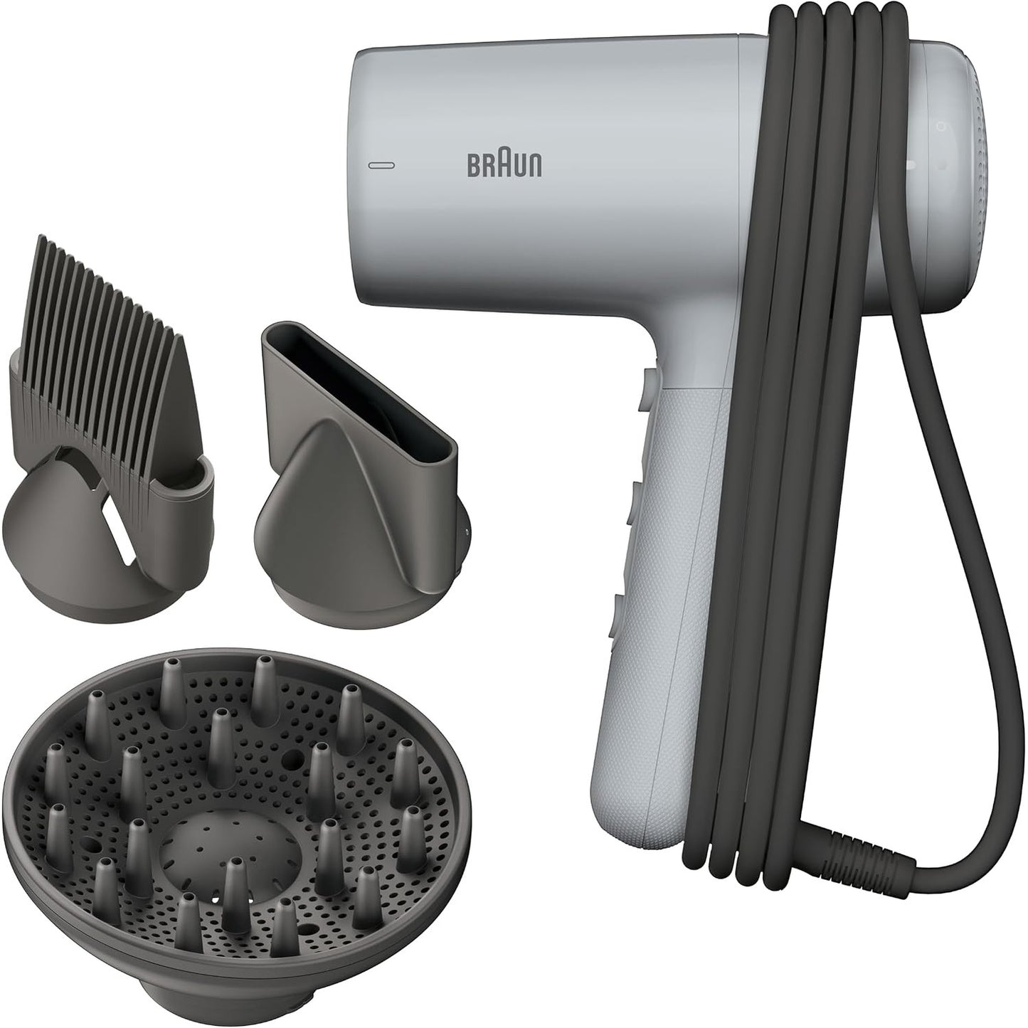 315729 - BRAUN Tharëse flokësh HD2.35, 2200 W, Teknologji IONTEC, 3 temperatura, 2 shpejtësi, me difuzor, krehër drejtues, Gri, BRHD235E
