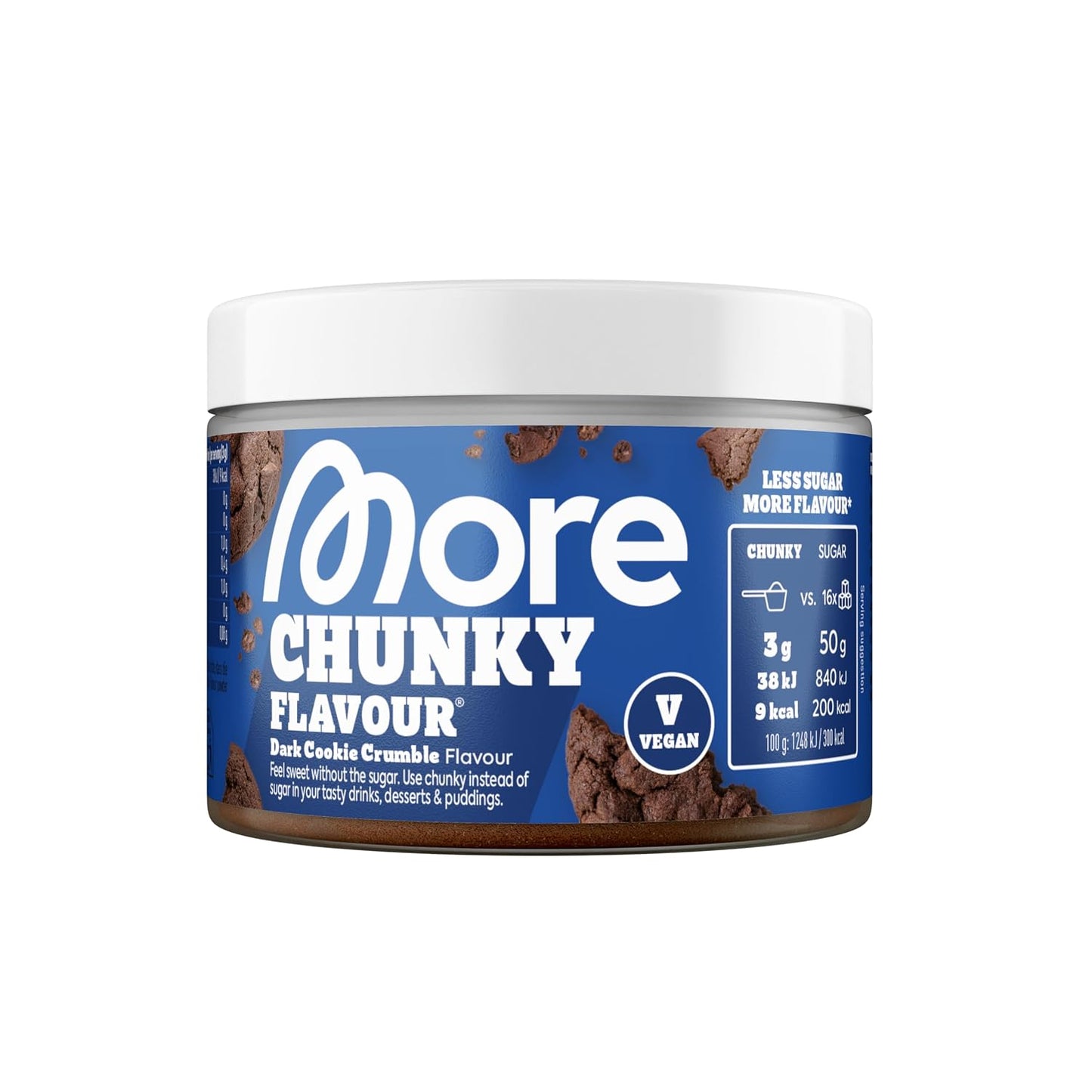 275646 - MORE Shije e trashë, Thërrime biskotash të errëta, 170 g, vegan, pluhur aromatizues për ëmbëlsim, me inulinë dhe laktazë