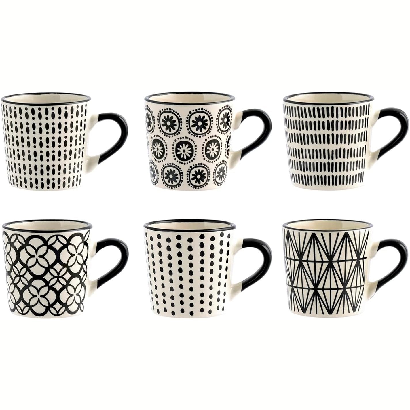 214653 - H&H Set me 6 Filxhanë Kafeje prej Gresi (85 ml) – Filxhanë Elegantë të Zi/të Bardhë