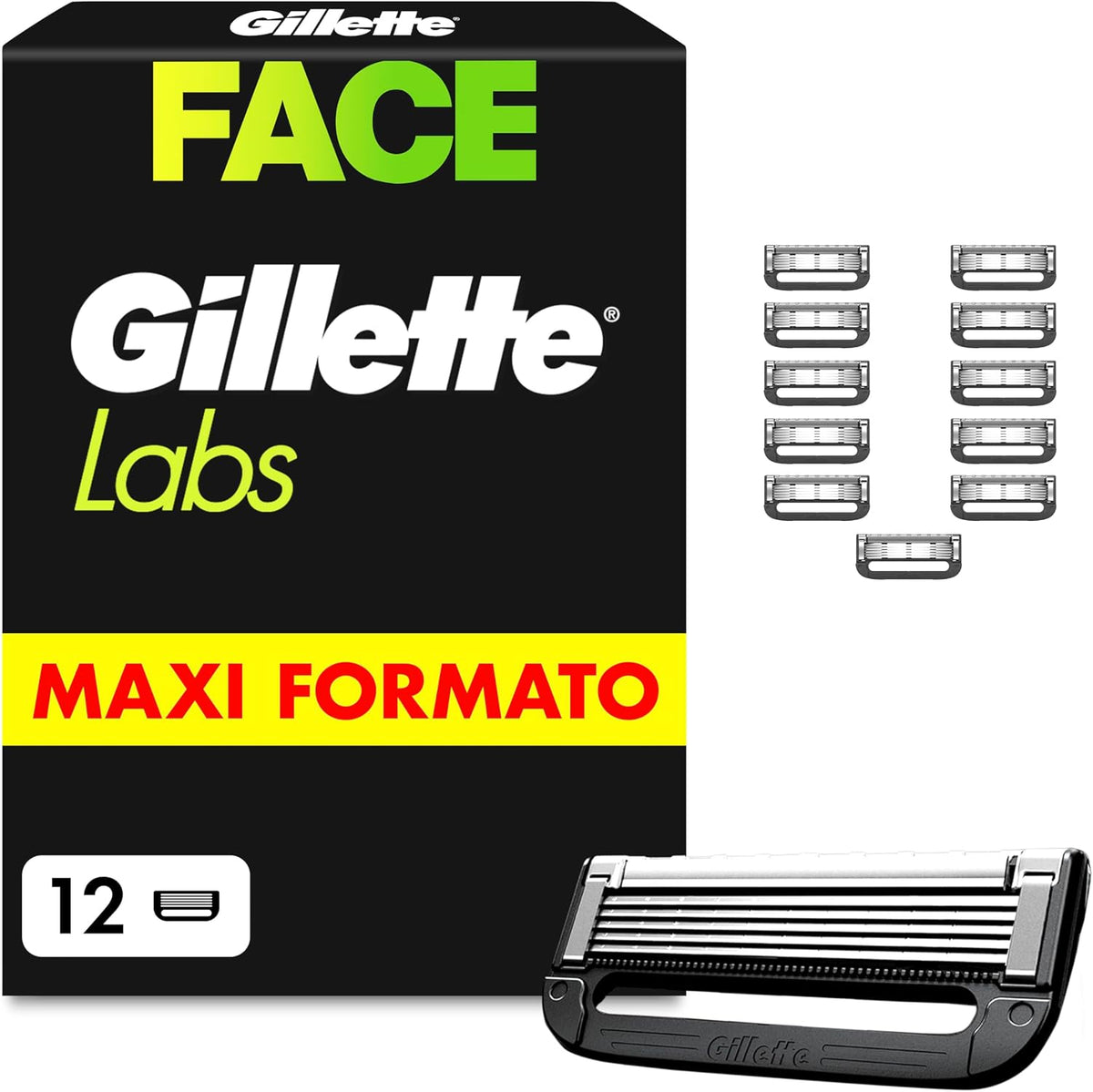 300375 - GILLETTE LABS Pako me 12 mbushëse brisku origjinalë për meshkuj, me 5 tehe çeliku inox ultra të mprehta, shirit eksfoliues, i pajtueshëm me dorezat Gillette Labs