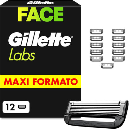 300375 - GILLETTE LABS Pako me 12 mbushëse brisku origjinalë për meshkuj, me 5 tehe çeliku inox ultra të mprehta, shirit eksfoliues, i pajtueshëm me dorezat Gillette Labs